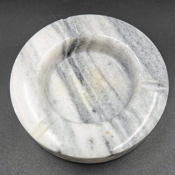 Marble Ashtray Grey Veined White Round 3 Ports Heavy Brush Holder Read - Picture 4 of 11